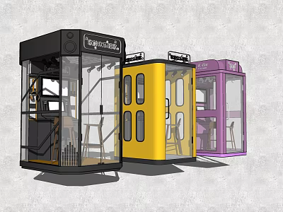 Colorful Individual KTV Booths With Black Yellow Purple Exteriors Glass Doors And Seating Furniture 3d model