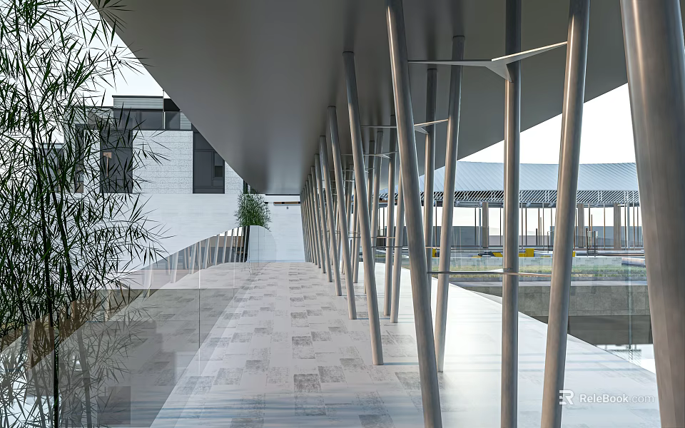 Modern Landscape Bridge With Metal Pillars Stone Paved Floor And Glass Railings 3d model 
