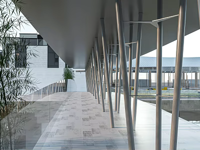 Modern Landscape Bridge With Metal Pillars Stone Paved Floor And Glass Railings 3d model