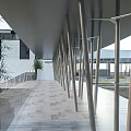 Modern Landscape Bridge With Metal Pillars Stone Paved Floor And Glass Railings