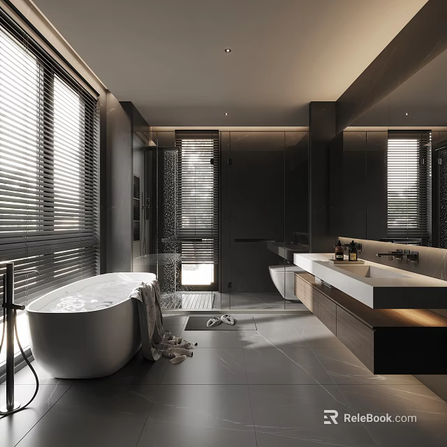 Modern Bathroom Interior Design With Freestanding Bathtub Window Blinds And Double Vanity Sink 3d model 