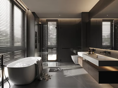 Modern Bathroom Interior Design With Freestanding Bathtub Window Blinds And Double Vanity Sink 3d model