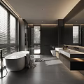 Modern Bathroom Interior Design With Freestanding Bathtub Window Blinds And Double Vanity Sink