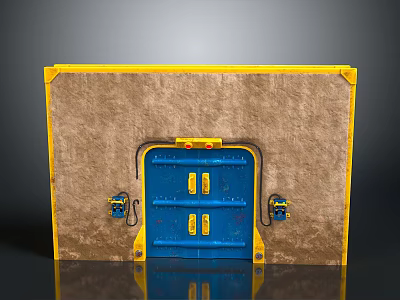 Yellow Bordered Brown Panel With Central Blue Door Yellow Symbols And Side Hinges 3d model