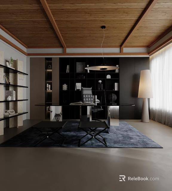 Modern Study Room Interior With Wooden Ceiling Pendant Lamp Black Bookshelves Table Chairs And Rug 3d model 