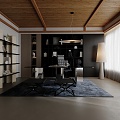 Modern Study Desk Carpet Bookcase Chandelier 3d model