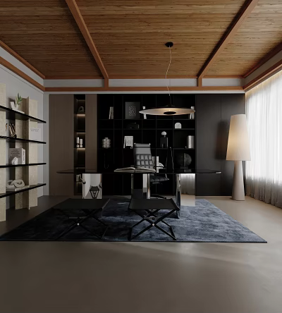Modern Study Room Interior With Wooden Ceiling Pendant Lamp Black Bookshelves Table Chairs And Rug 3d model