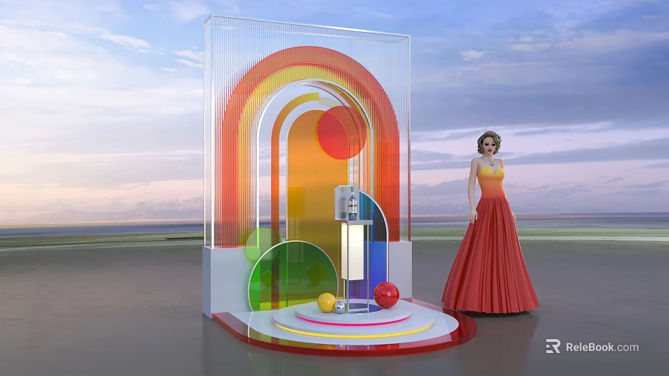 Colorful Rainbow Arch Photo Check-in Spot With Circular Decorations Transparent Stand And Sky Sea Background 3d model 