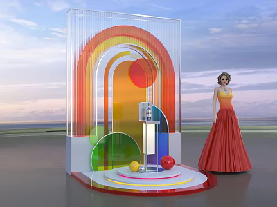 Colorful Rainbow Arch Photo Check-in Spot With Circular Decorations Transparent Stand And Sky Sea Background 3d model