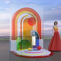 Colorful Rainbow Arch Photo Check-in Spot With Circular Decorations Transparent Stand And Sky Sea Background