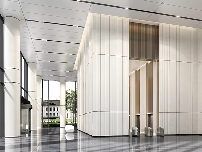Modern Lobby Front Desk Reception With White Walls Marble Flooring And Large Windows 3d model