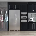Black Cabinets In Modern Kitchen Interior With Stainless Steel Refrigerator Oven And Range Hood