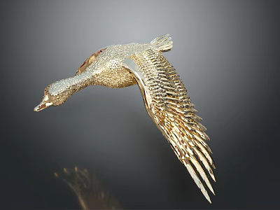 Golden Duck Sculpture Flying With Detailed Feathers On Dark Background With Reflection 3d model