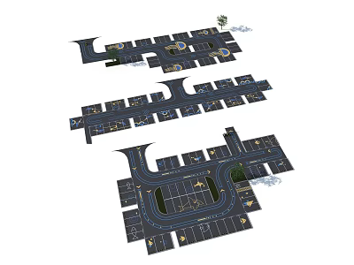 Multi Layout Parking Lot Design With Driveways Parking Spaces Entrance Exit And Trees 3d model