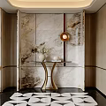 Elegant Modern Entrance Hallway With Marble Wall Round Clock Glass Top Console Table Geometric Rug