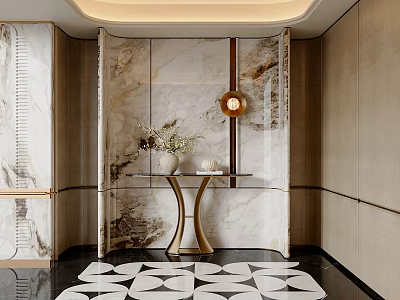 Elegant Modern Entrance Hallway With Marble Wall Round Clock Glass Top Console Table Geometric Rug 3d model