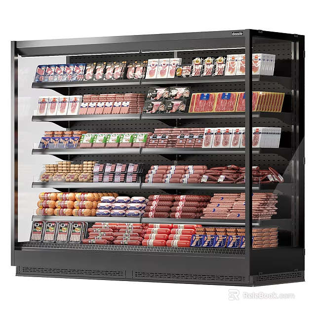 Refrigerated Display Case Shelves With Neatly Arranged Packaged Meats And Sausages 3d model 