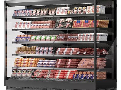 Refrigerated Display Case Shelves With Neatly Arranged Packaged Meats And Sausages 3d model