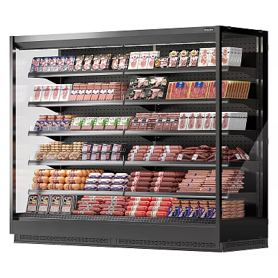 Refrigerated Display Case Shelves With Neatly Arranged Packaged Meats And Sausages 3d model