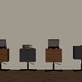 Wooden Storage Cabinets With Drawers Laptop Radio And Metal Wheels On Wooden Floor