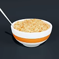 White And Orange Striped Bowl Filled With Cereal And White Spoon On Dark Background