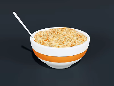 White And Orange Striped Bowl Filled With Cereal And White Spoon On Dark Background 3d model