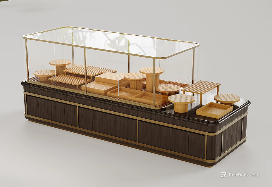 Elegant Commercial Display Showcase Shelf With Glass Cover Metal Frame And Wooden Base 3d model 