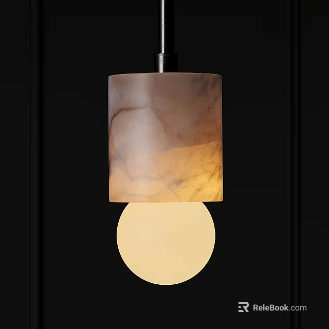 Elegant Marble Textured Pendant Light with Cylindrical Shade Circular Diffuser Warm Glow Dark Background 3d model 