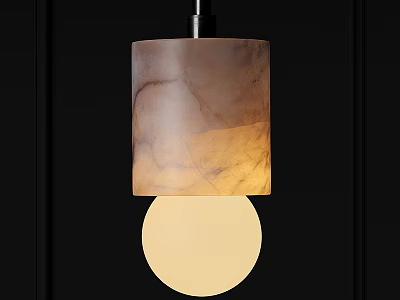 Elegant Marble Textured Pendant Light with Cylindrical Shade Circular Diffuser Warm Glow Dark Background 3d model