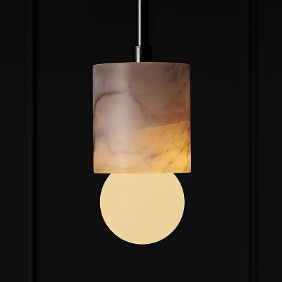 Elegant Marble Textured Pendant Light with Cylindrical Shade Circular Diffuser Warm Glow Dark Background 3d model