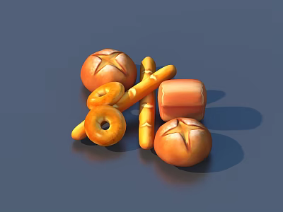 Assorted Freshly Baked Bread Including Round Cross Pattern Baguette Donut And Square Loaf 3d model