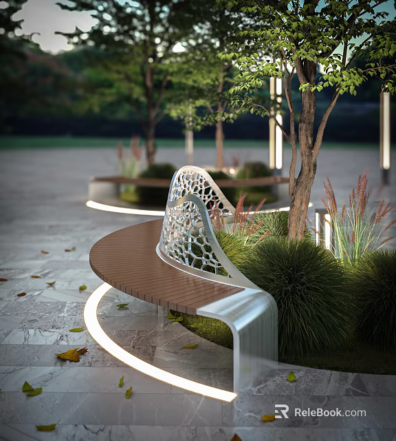 Landscape Bench With Wooden Seat Ornate Metal Frame Among Trees Green Plants On Stone Pavement 3d model 