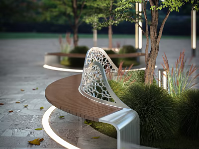 Landscape Bench With Wooden Seat Ornate Metal Frame Among Trees Green Plants On Stone Pavement 3d model