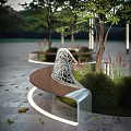 Landscape Bench With Wooden Seat Ornate Metal Frame Among Trees Green Plants On Stone Pavement