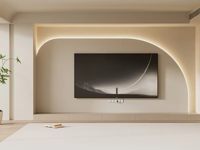 Modern Beige TV Background Wall With Curved Design LED Lighting And Low Cabinet 3d model