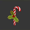 Festive Red and White Candy Cane with Green Holly Leaves and Red Berries