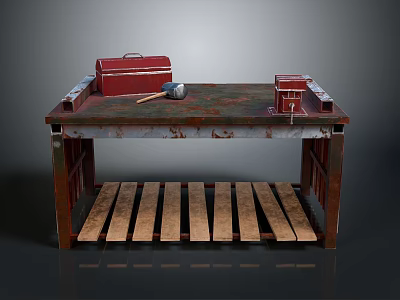 Red Toolbox Hammer And Red Device On Dark Worn Workbench With Wooden Slat Shelf 3d model