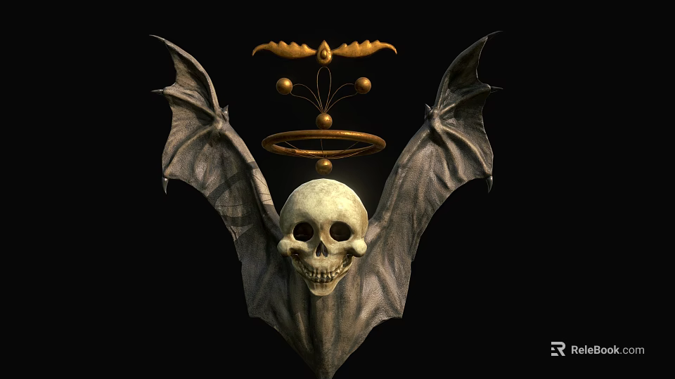 Gothic Skull with Bat Wings and Golden Ornaments Decorative Ornament Set 3d model 