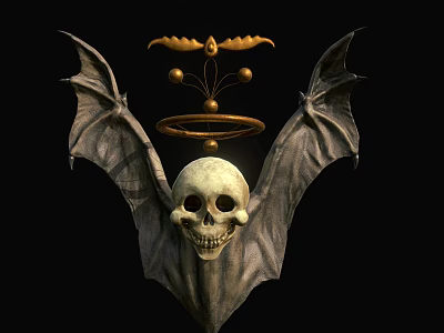 Gothic Skull with Bat Wings and Golden Ornaments Decorative Ornament Set 3d model