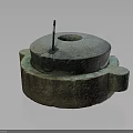Cow Standing Near Traditional Stone Mill with Metal Rod on Dark Background