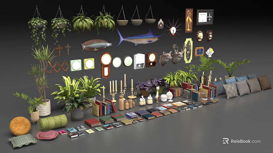 Assorted Home Decor Items With Hanging Plants Fish Specimens And Potted Greenery 3d model