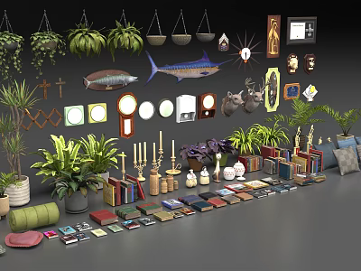 Assorted Home Decor Items With Hanging Plants Fish Specimens And Potted Greenery 3d model