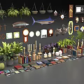 Assorted Home Decor Items With Hanging Plants Fish Specimens And Potted Greenery 3d model