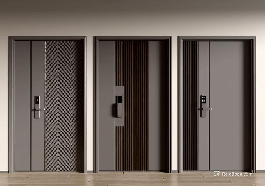 Modern Gray Hinged Doors With Different Textures And Black Door Handles 3d model