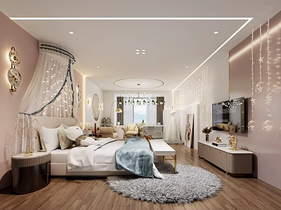 Cozy Boutique Guesthouse Room With Pink Walls White Canopy Bed And Decorative Lights 3d model