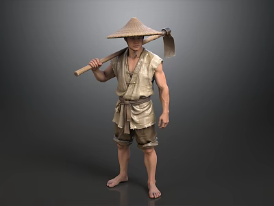 Barefoot Man Wearing Conical Hat And Traditional Outfit Holding Wooden Hoe 3d model