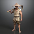 Barefoot Man Wearing Conical Hat And Traditional Outfit Holding Wooden Hoe