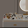 White Dressing Table with Gold Handles Marble Top and Round Gold Frame Mirror Makeup Brushes