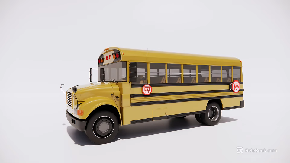 Yellow School Bus With Black Stripes And STOP Signs On White Background 3d model 