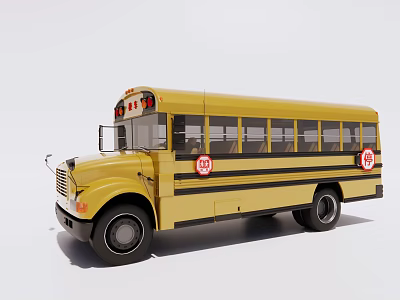 Yellow School Bus With Black Stripes And STOP Signs On White Background 3d model